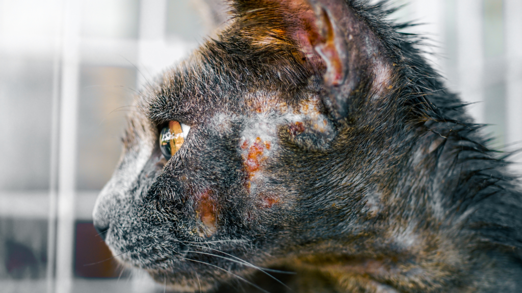 Cận cảnh một chú mèo có biểu hiện bệnh lý về da, với vùng lông bị rụng loang lổ và da đỏ, bong tróc quanh mắt, tai và má.