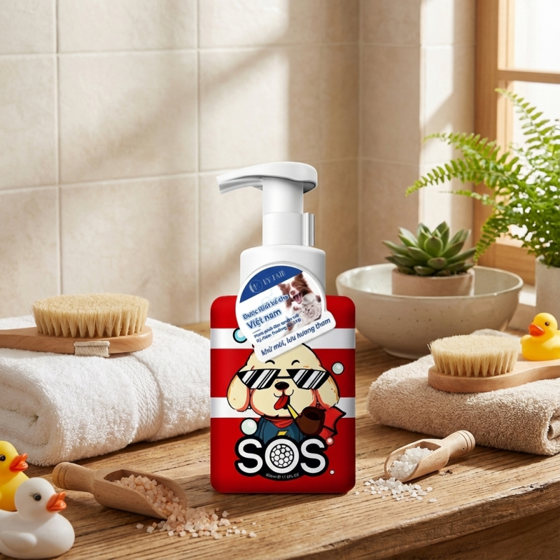 Bột tắm khô cho chó SOS bên cạnh các vật dụng đi tắm
