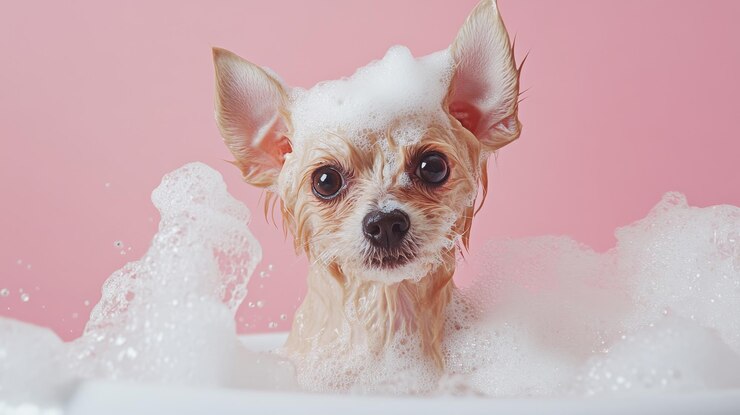Chó nhỏ đang được tắm với bọt sữa tắm chuyên dụng giúp làm sạch và khử mùi hiệu quả.
