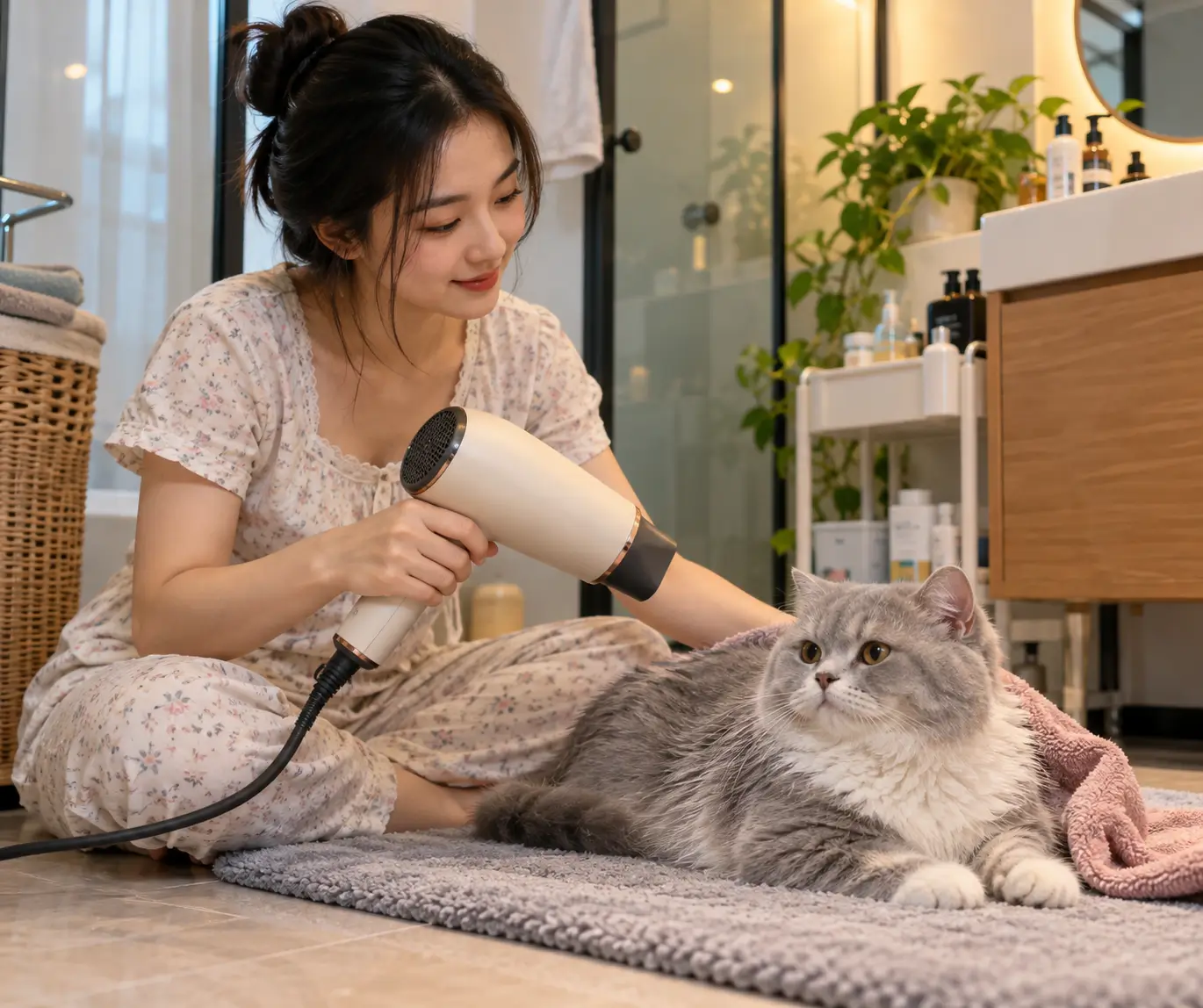 Sấy lông cho mèo sau khi tắm