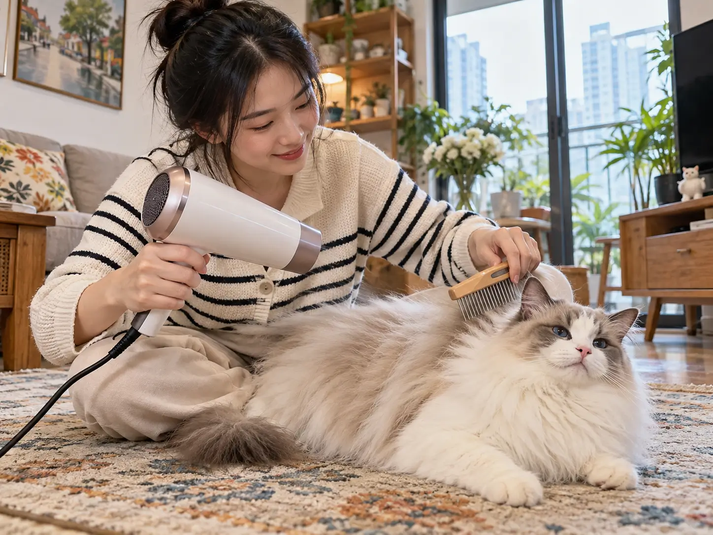 Vừa sấy vừa chải lông cho mèo