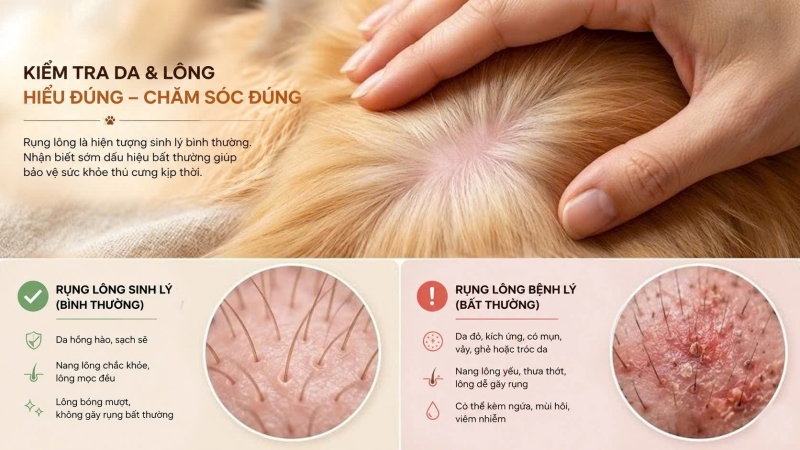Phân biệt tình trạng rụng lông sinh lý qua màu sắc của da và nang lông.