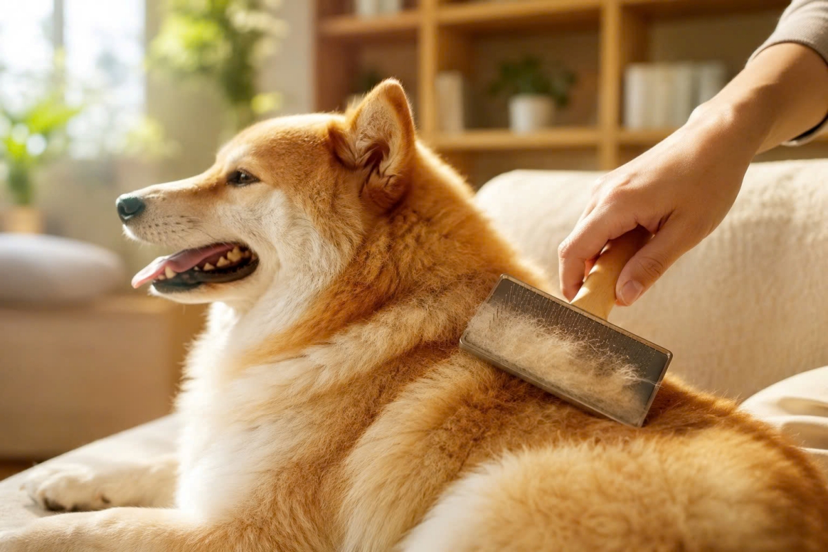 Chải gom lông chết đều đặn giúp quản lý tình trạng rụng lông sinh lý ở chó mèo hiệu quả.
