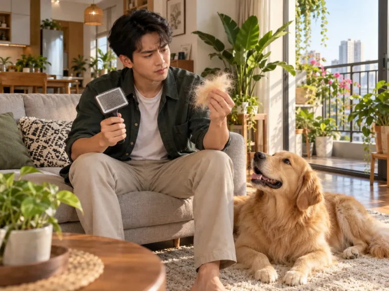 Chủ nuôi băn khoăn nhìn búi lông rụng trên lược chải tại phòng khách