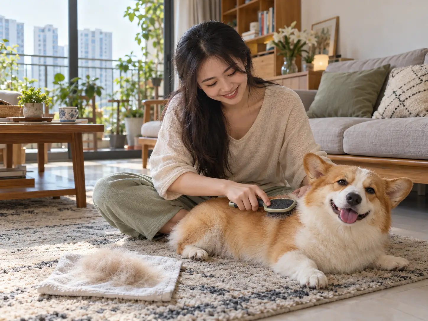 Dùng lược chải loại bỏ lông chết cho cún cưng trên thảm phòng khách