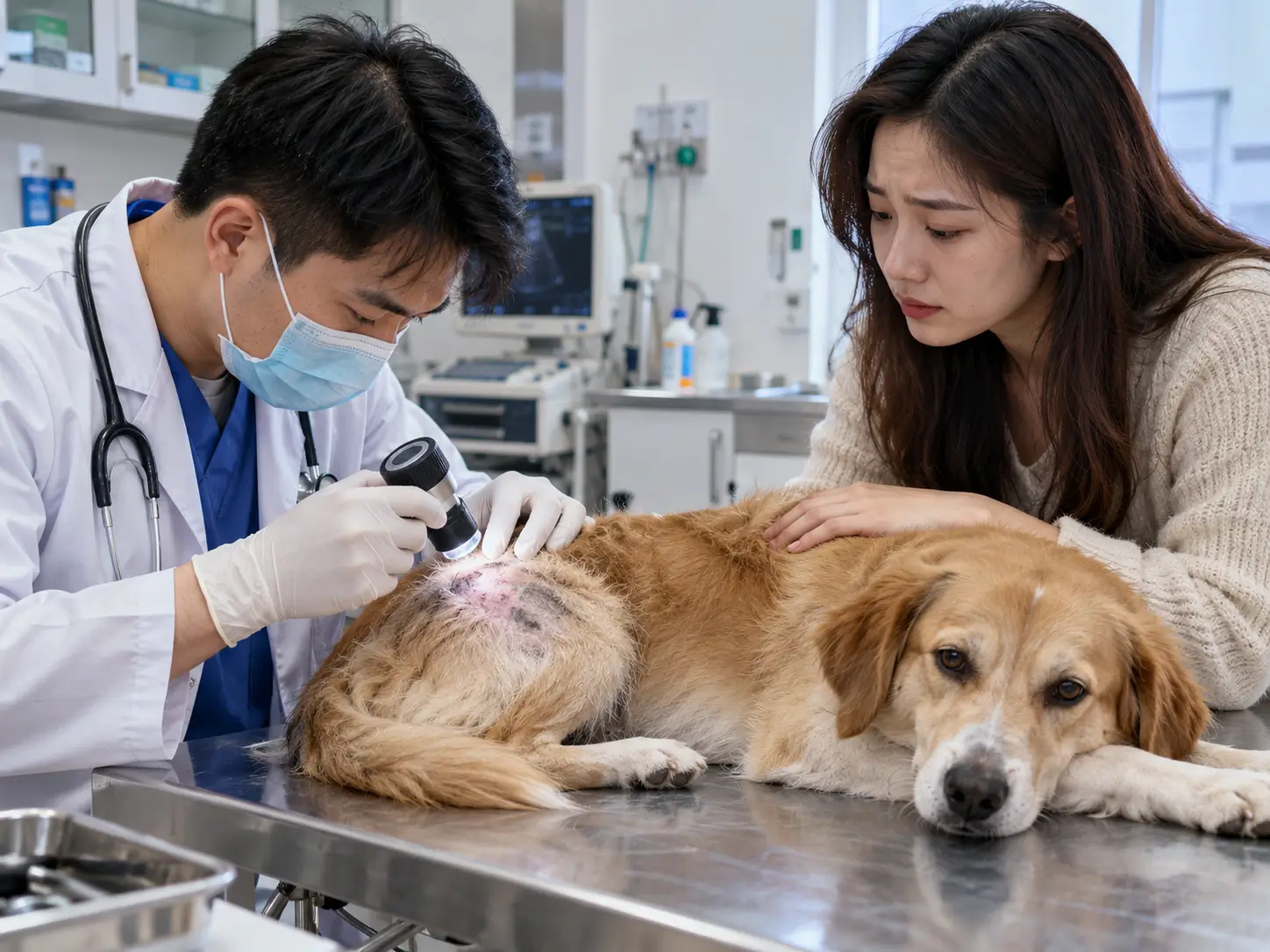 Bác sĩ thú y thăm khám vùng da rụng lông mảng trước sự lo lắng của chủ nuôi