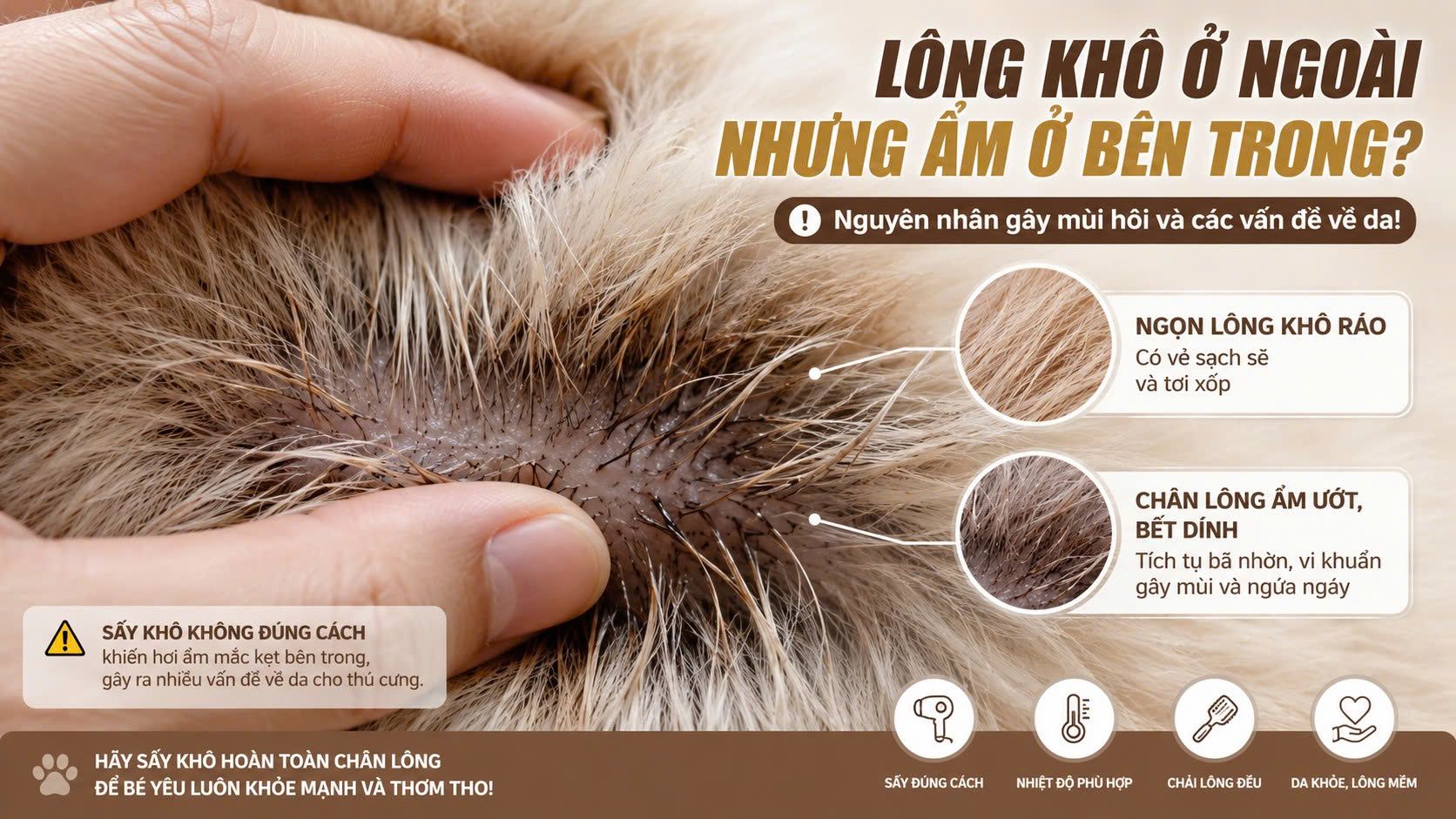 Gốc lông chó mèo bị ẩm và tích tụ bã nhờn là nguyên nhân chính gây ra mùi hôi dai dẳng sau khi tắm.