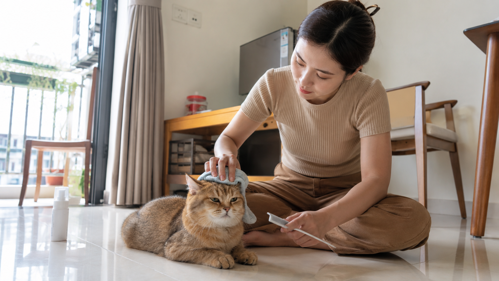 Người chủ lau khô và chải nhẹ lại cho chó mèo sau khi làm sạch cục bộ để lông giữ được độ sạch thoáng tự nhiên.