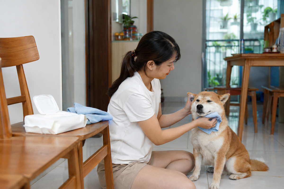 Người chủ lau nhẹ cằm hoặc bàn chân chó mèo bằng khăn vải ấm thay vì lạm dụng khăn ướt mỗi ngày.