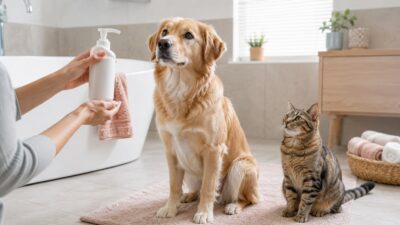 Chó và mèo đứng cạnh chai sữa tắm người trước giờ tắm