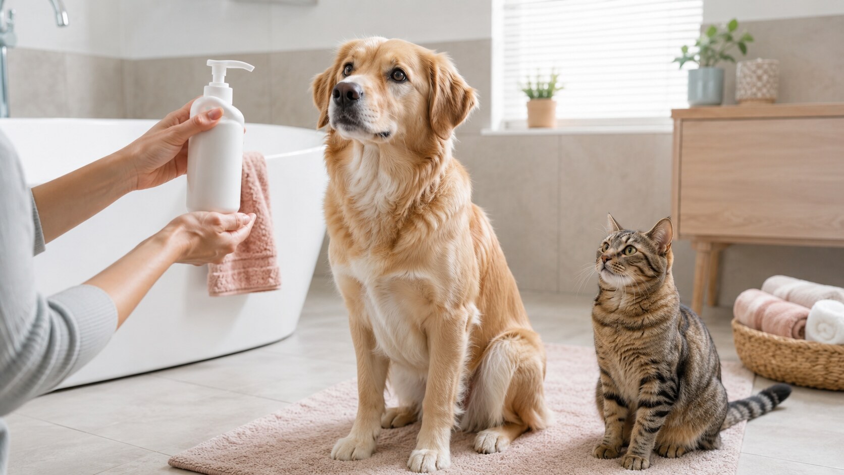 Chó và mèo đứng cạnh chai sữa tắm người trước giờ tắm