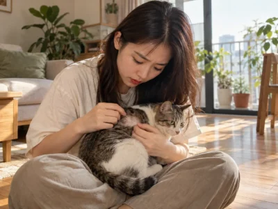 Chủ nuôi kiểm tra vùng lông rụng từng mảng của mèo