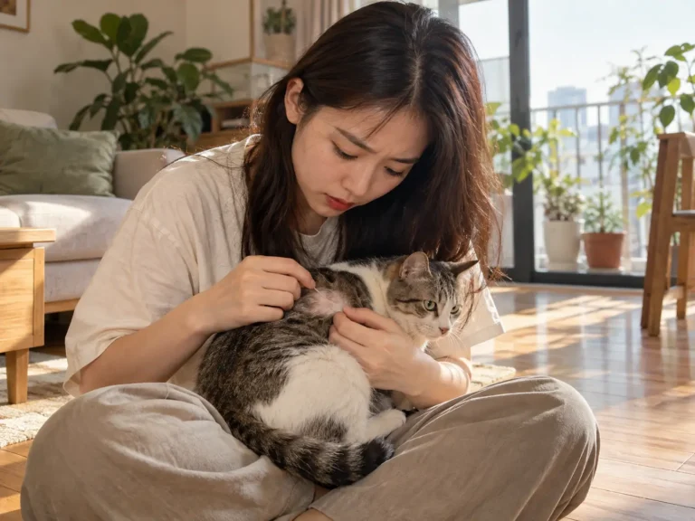 Chủ nuôi kiểm tra vùng lông rụng từng mảng của mèo