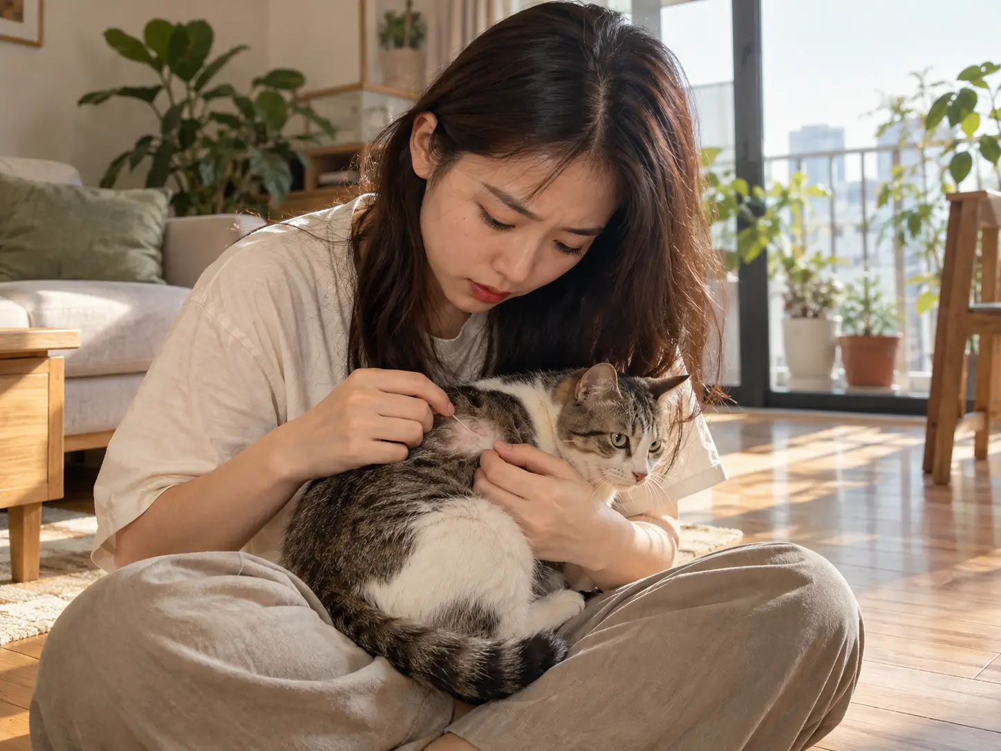Chủ nuôi kiểm tra vùng lông rụng từng mảng của mèo