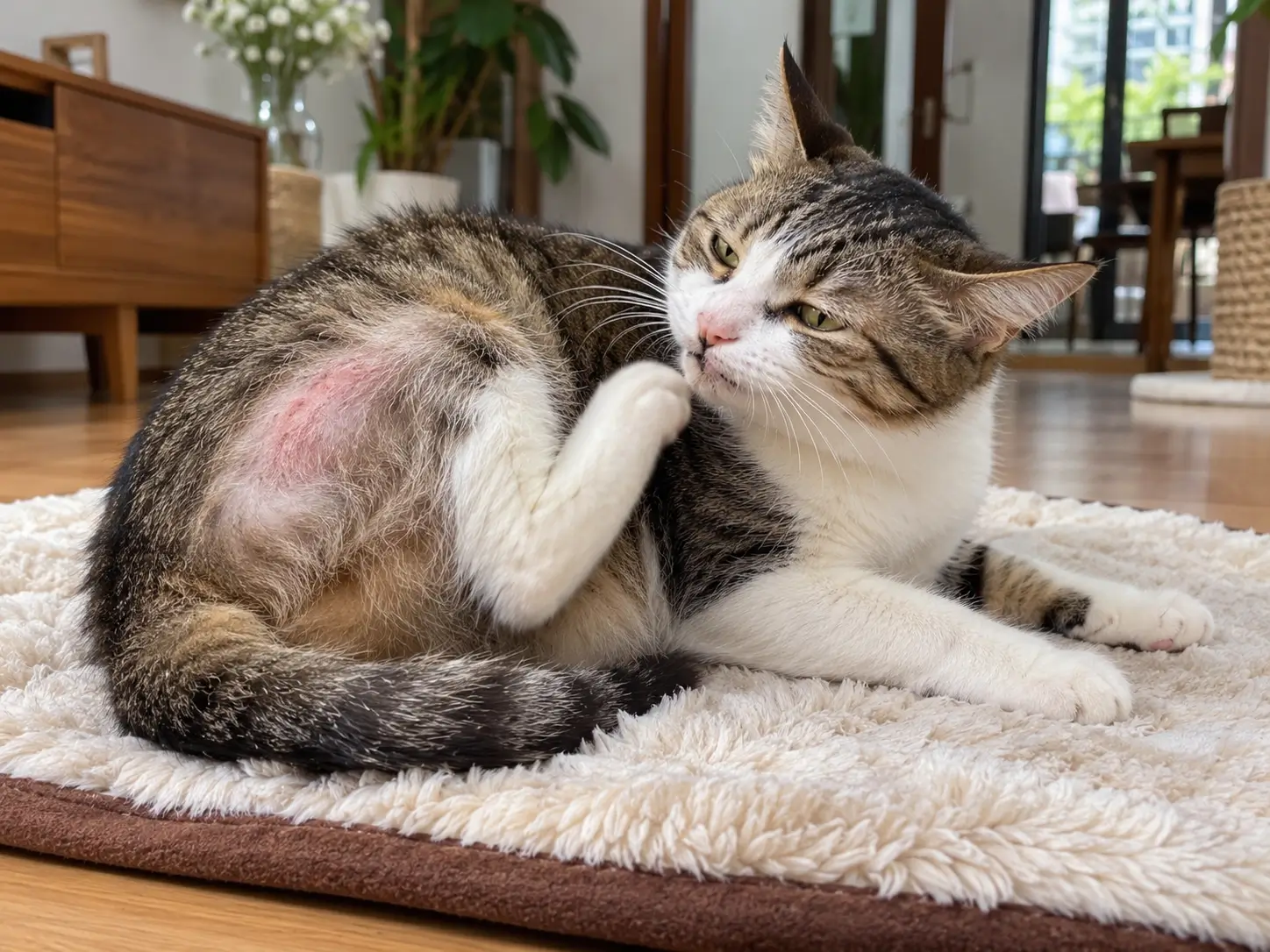 Mèo cào gãi vùng lông bị rụng thưa và sưng đỏ trên da