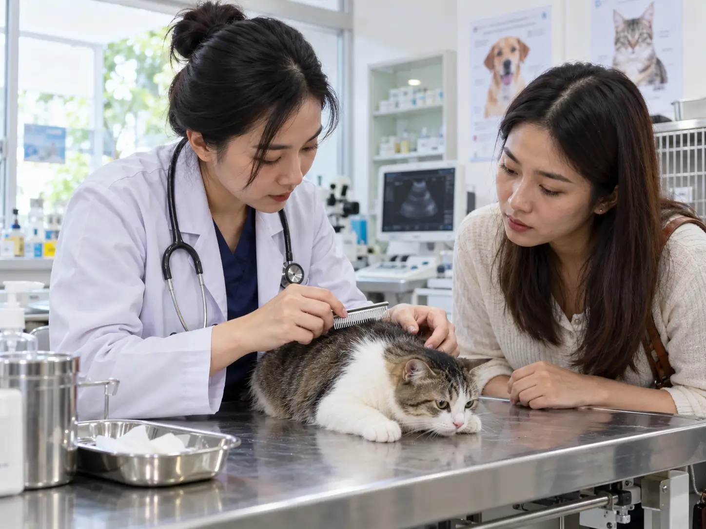 Bác sĩ thú y kiểm tra da và lông cho mèo tại phòng khám thú y