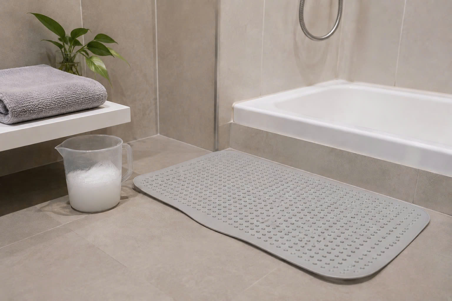 Lót thảm chống trượt và chuẩn bị bọt tắm sẵn giúp thú cưng có chỗ đứng vững vàng và bớt hoảng sợ khi tắm.