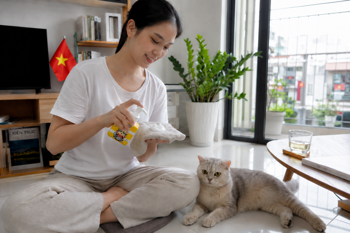 Người chủ chuẩn bị dùng bọt tắm khô SOS cho mèo