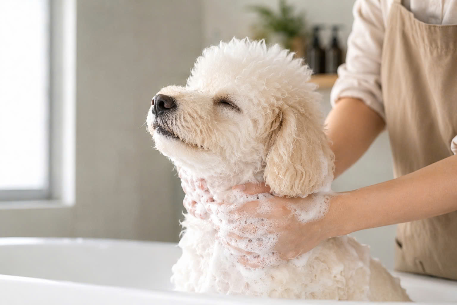 Tắm cho chó Poodle với bọt tơi xốp giúp tạo phồng tự nhiên.