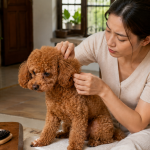 Chủ nuôi đang kiểm tra tình trạng rối lông của Poodle.