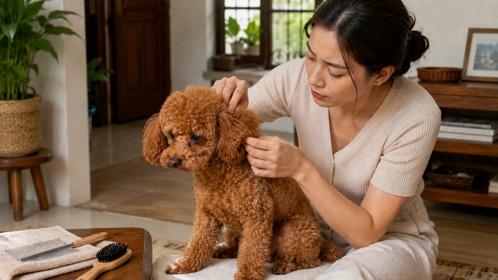 Chủ nuôi đang kiểm tra tình trạng rối lông của Poodle.