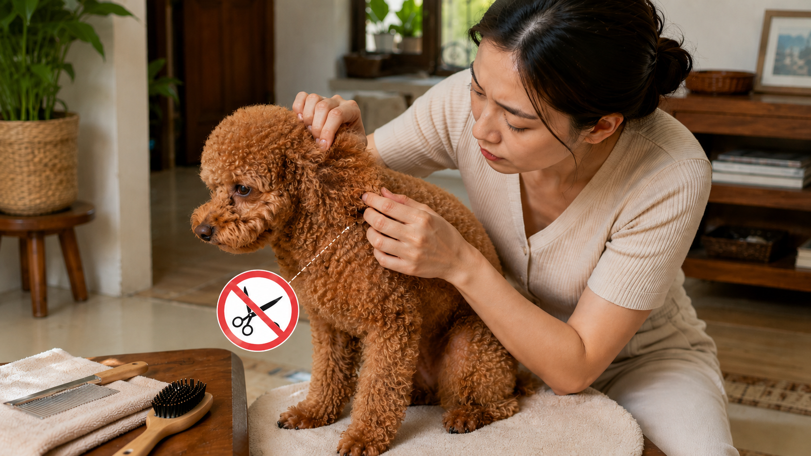 Cảnh báo không dùng kéo mũi nhọn cắt mảng lông vón cục sát da chó Poodle.