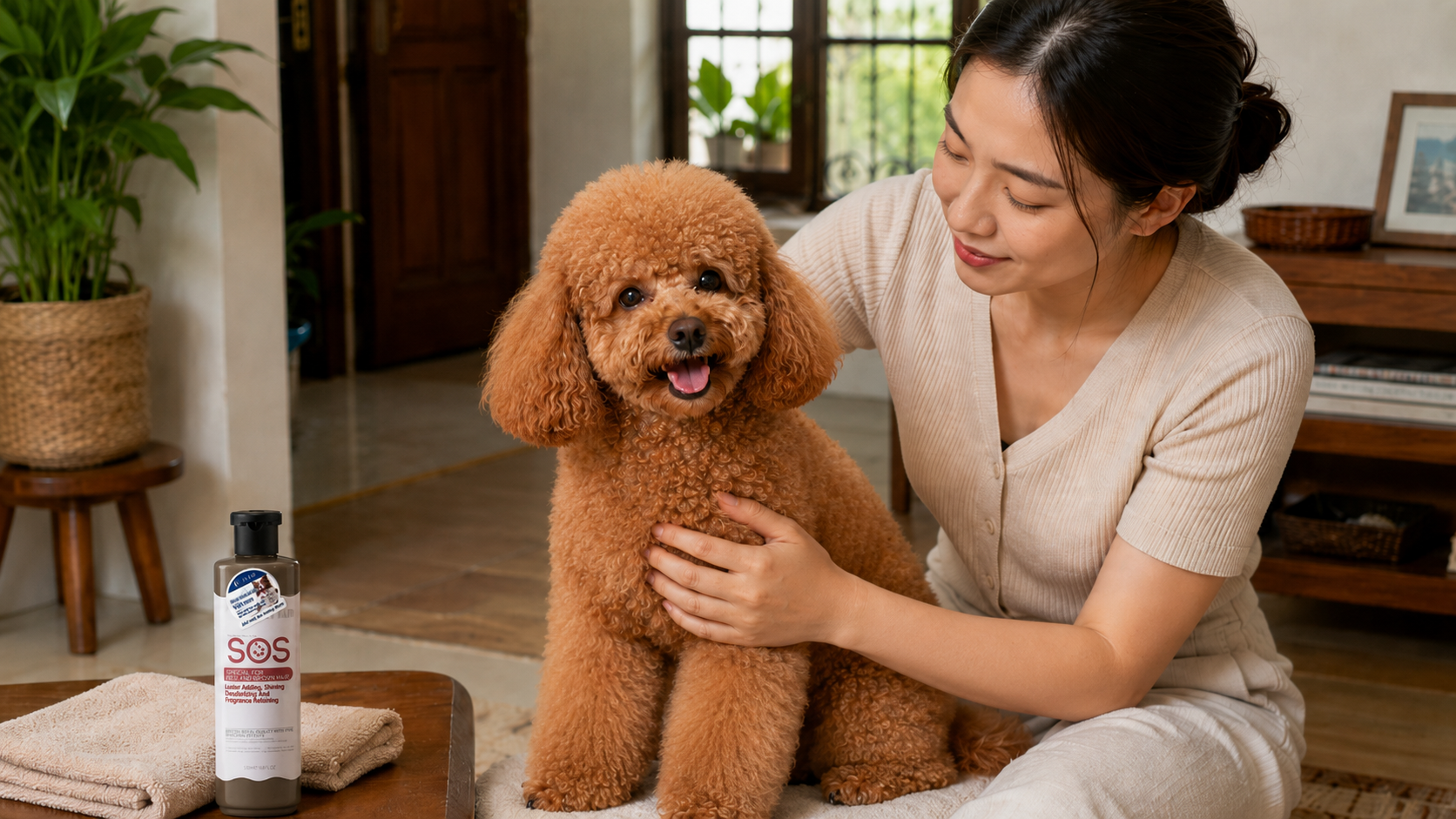 Chó Poodle với bộ lông tơi phồng, xoăn tự nhiên sau khi được tắm và chải sấy đúng cách.