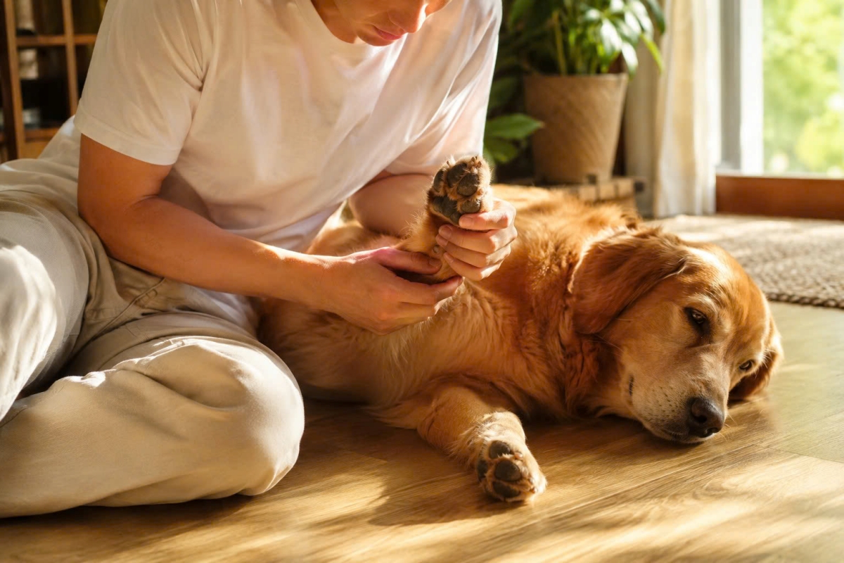 Chăm sóc đệm thịt dịu nhẹ giúp chó mèo cảm thấy thoải mái và an tâm sau khi đi dạo về.