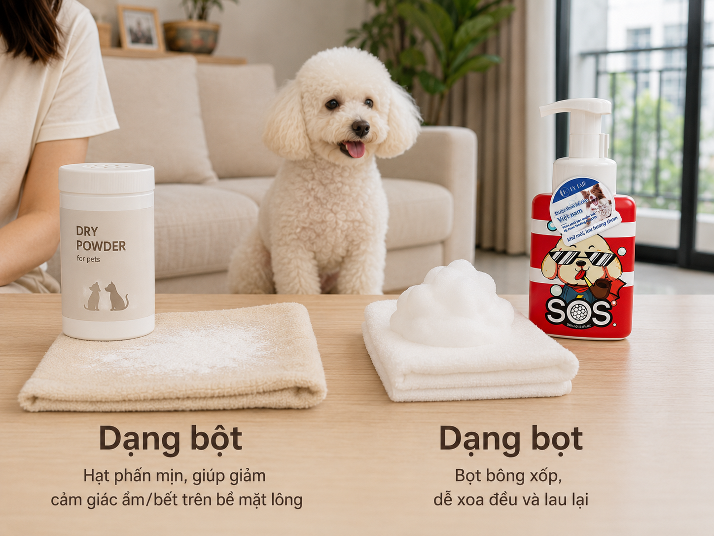 So sánh kết cấu tắm khô cho chó giữa dạng bột mịn và dạng bọt xốp trong không gian sống tại nhà.