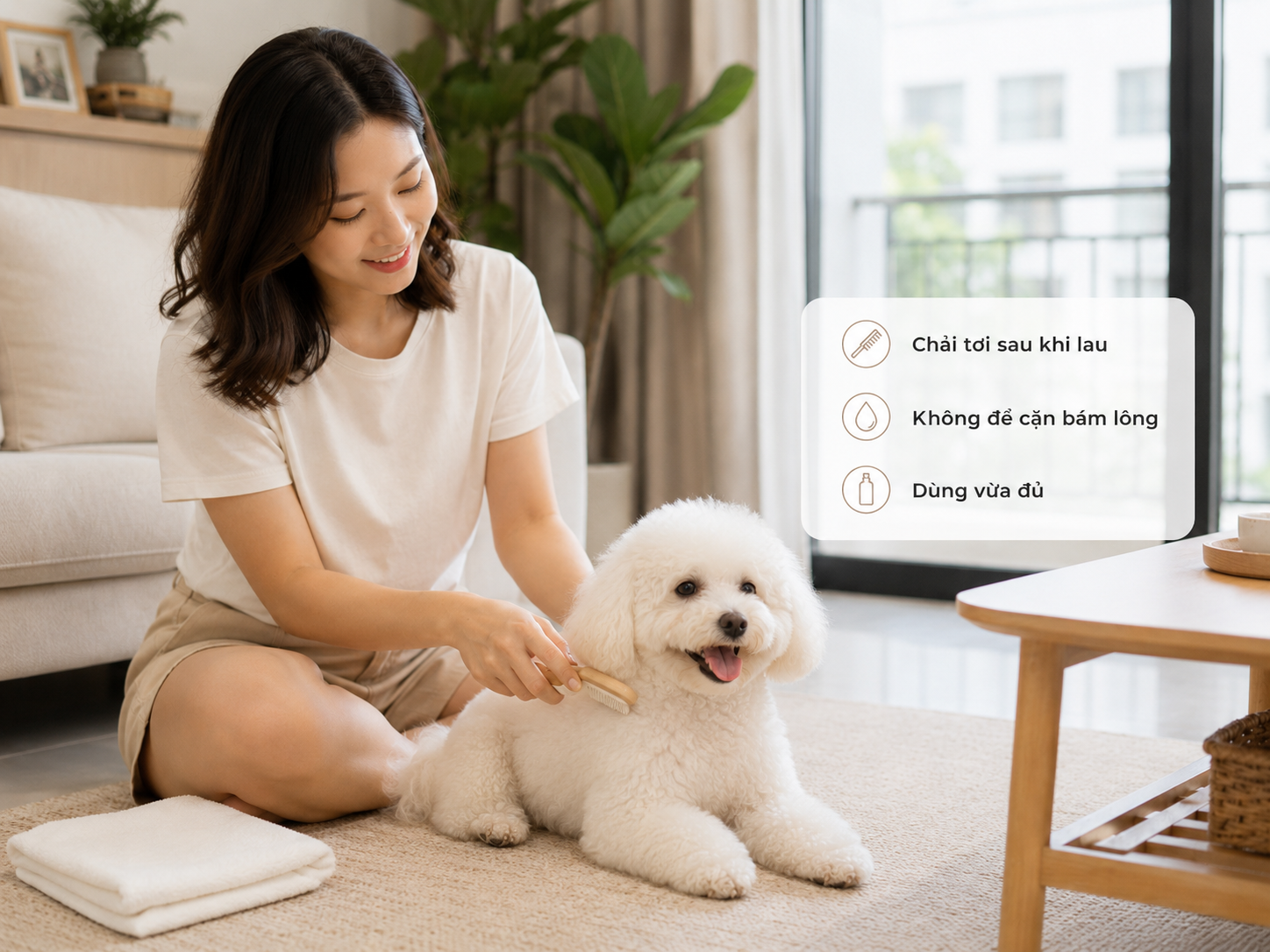 Chó Poodle trắng nằm thư giãn, lông tơi thoáng sau khi được chải nhẹ, minh họa lưu ý tắm khô không gây bí da lông.