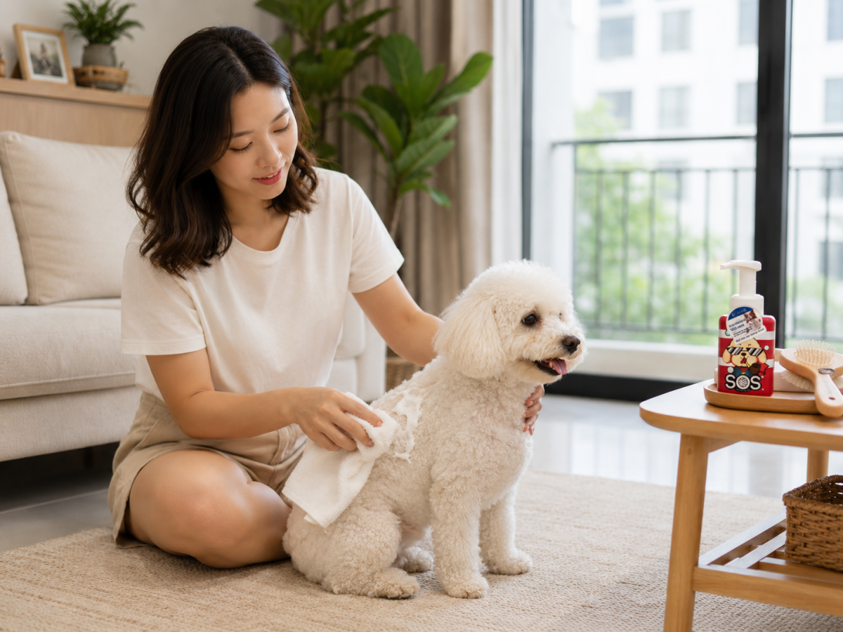 Chủ nuôi ngồi cùng chó Poodle trắng trong phòng khách, minh họa trải nghiệm tắm khô cho chó tại nhà.