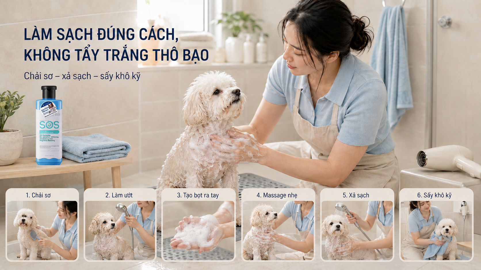 Hướng dẫn 6 bước làm sạch an toàn cho chó lông trắng.