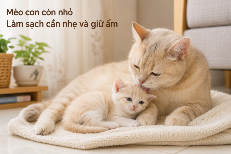 Mèo mẹ liếm lông làm sạch cho mèo con còn nhỏ