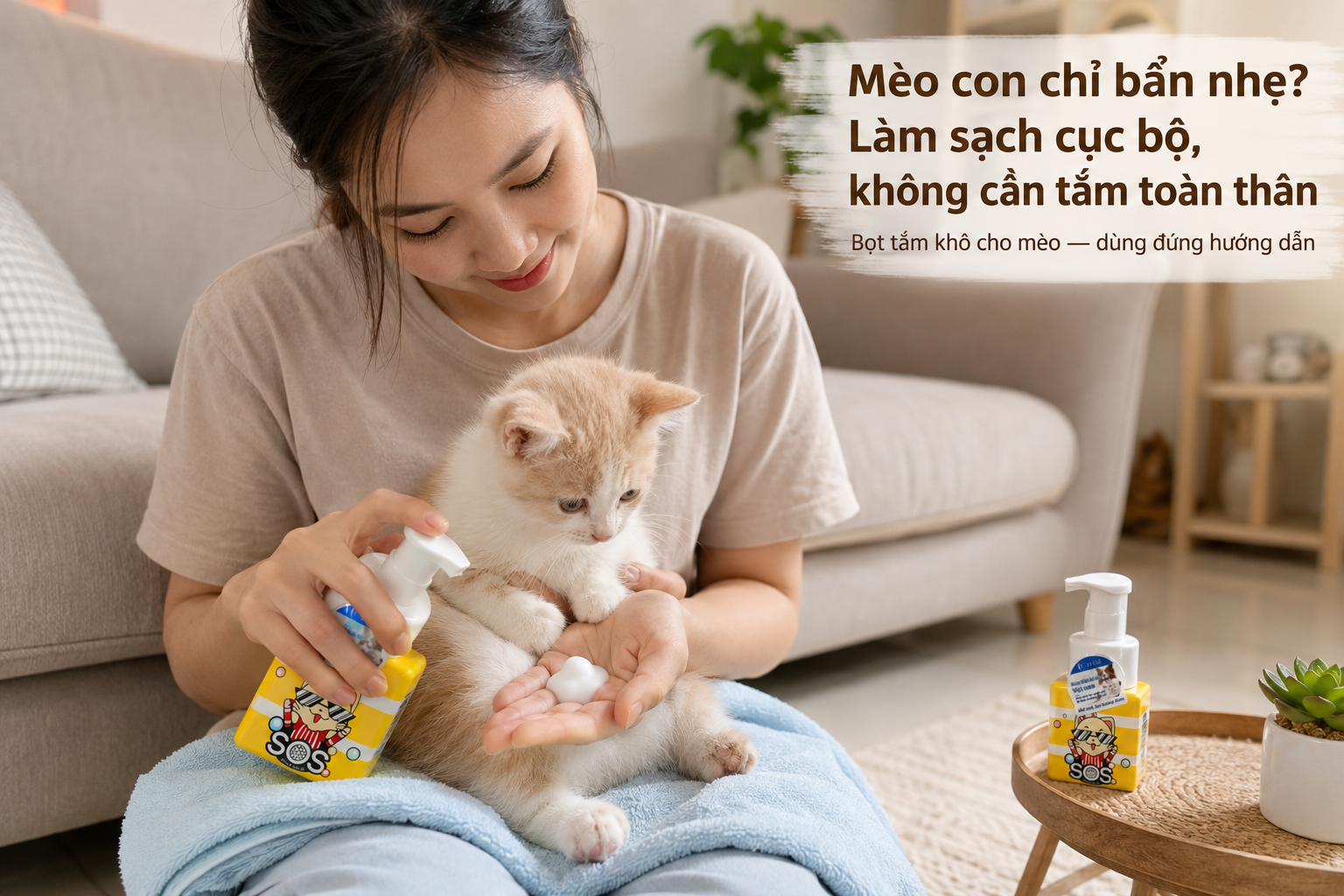 Chủ xịt bọt tắm khô SOS cho mèo ra tay để lau nhẹ vùng lông khô của mèo con 2 tháng tuổi.