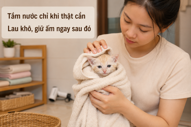 Mèo con được quấn khăn và lau khô sau khi tắm