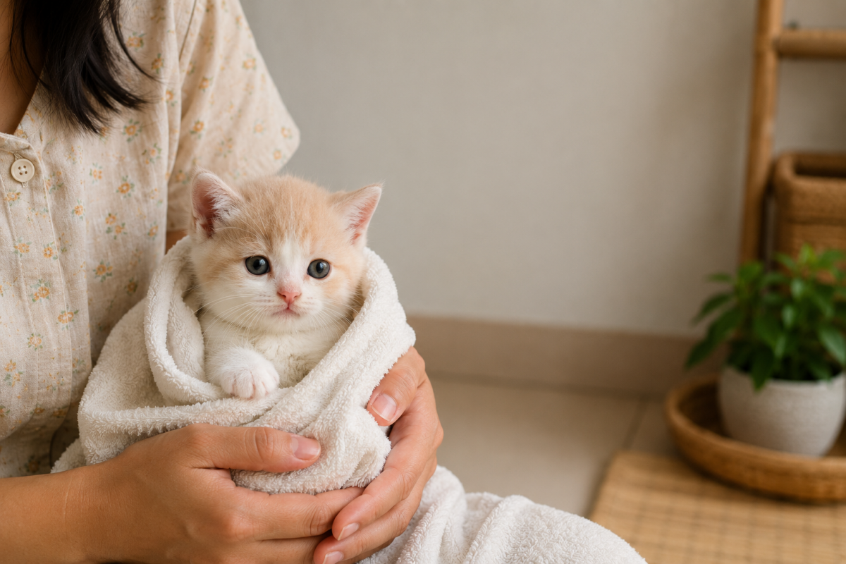 Mèo con 2 tháng tuổi được ủ khăn ấm và chăm sóc nhẹ nhàng trong nhà.