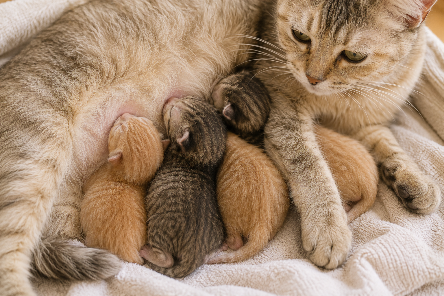 Mèo con sơ sinh rúc sát bụng mèo mẹ để bú, minh họa lý do chưa nên tắm nước cho mèo mẹ quá sớm sau sinh.