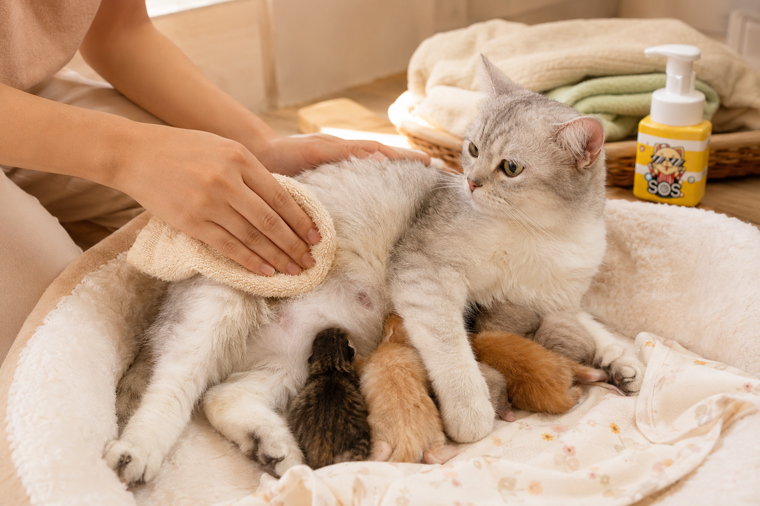 Chủ nuôi dùng khăn bông ấm lau nhẹ vùng chân sau của mèo mẹ trong ổ đẻ sạch, minh họa cách làm sạch khi chưa nên tắm nước sau sinh.