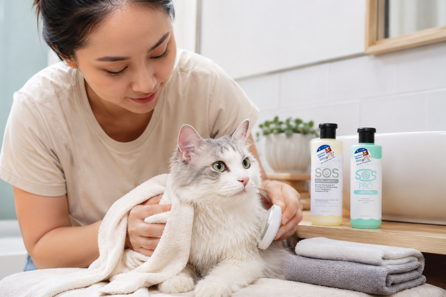 Mèo mẹ được tắm lại bằng sản phẩm dịu nhẹ dành cho mèo sau khi mèo con đã cứng cáp hơn.