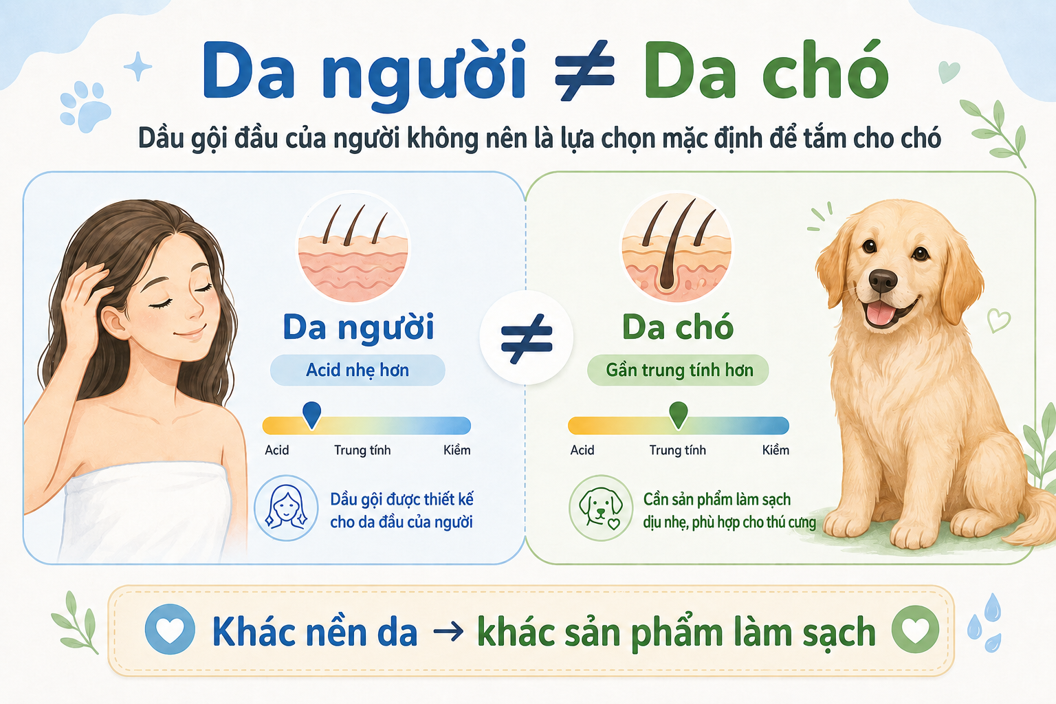 Minh họa sự khác biệt pH giữa da người và da chó khi cân nhắc dùng dầu gội người tắm cho chó