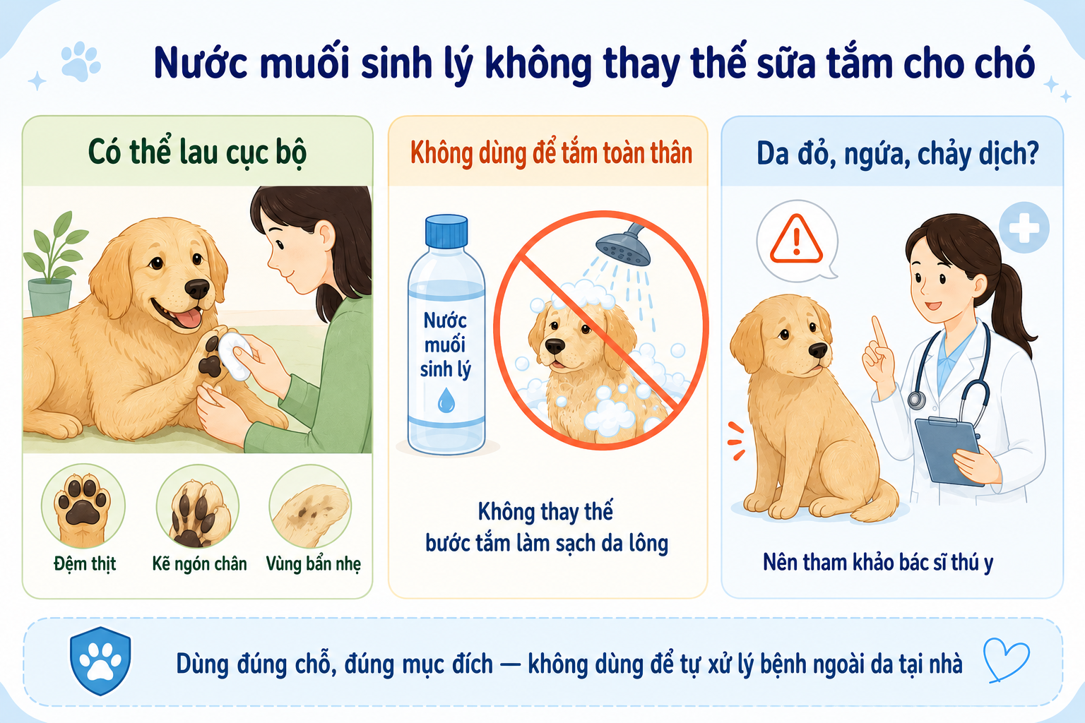 Minh họa nước muối chỉ nên lau cục bộ cho chó, không dùng để tắm toàn thân