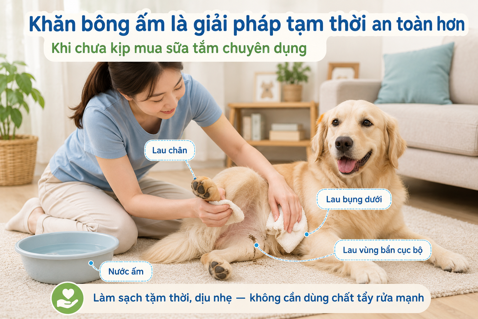 Người chủ dùng khăn bông ấm lau chân cho chó như giải pháp làm sạch cục bộ khẩn cấp an toàn