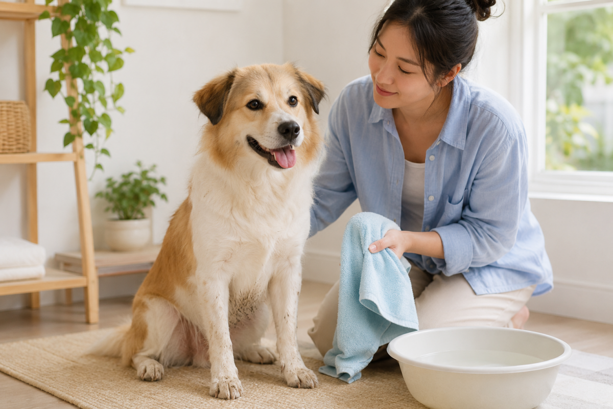 Chủ nuôi đang ngồi cạnh chú chó bẩn nhẹ với khăn bông sạch và chậu nước ấm trong phòng tắm khô ráo