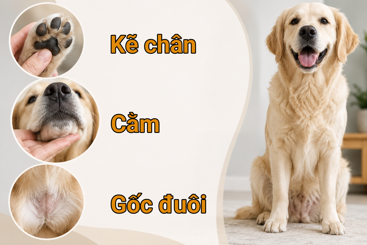 Đệm thịt bàn chân, vùng quanh miệng và gốc đuôi là những điểm dễ tích tụ hơi ẩm và tạo mùi nhất trên cơ thể thú cưng.