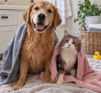Chó và mèo vừa tắm xong đang quấn khăn để làm khô lông