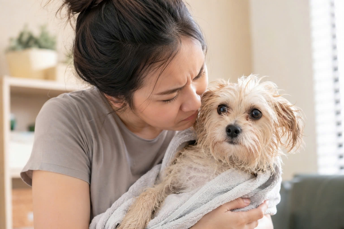 Tắm xong chó mèo vẫn có mùi ngai ngái là tình trạng thường gặp khi lớp lông sát da chưa được sấy khô hoàn toàn.