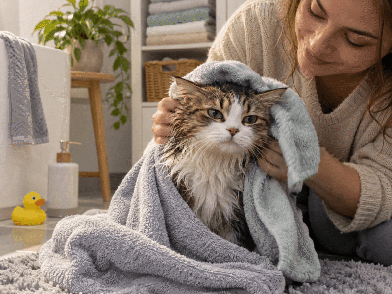 Mèo được thấm khô lông bằng khăn sau khi tắm