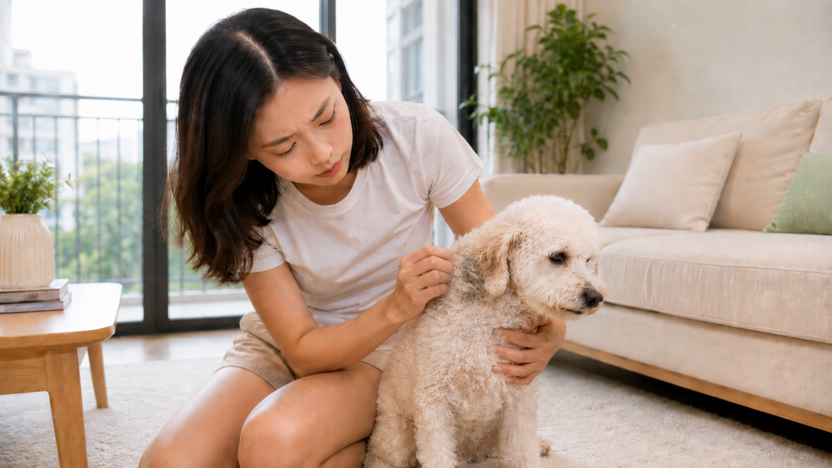 Lông chó bị vón cục và sự khó chịu của cún cưng.