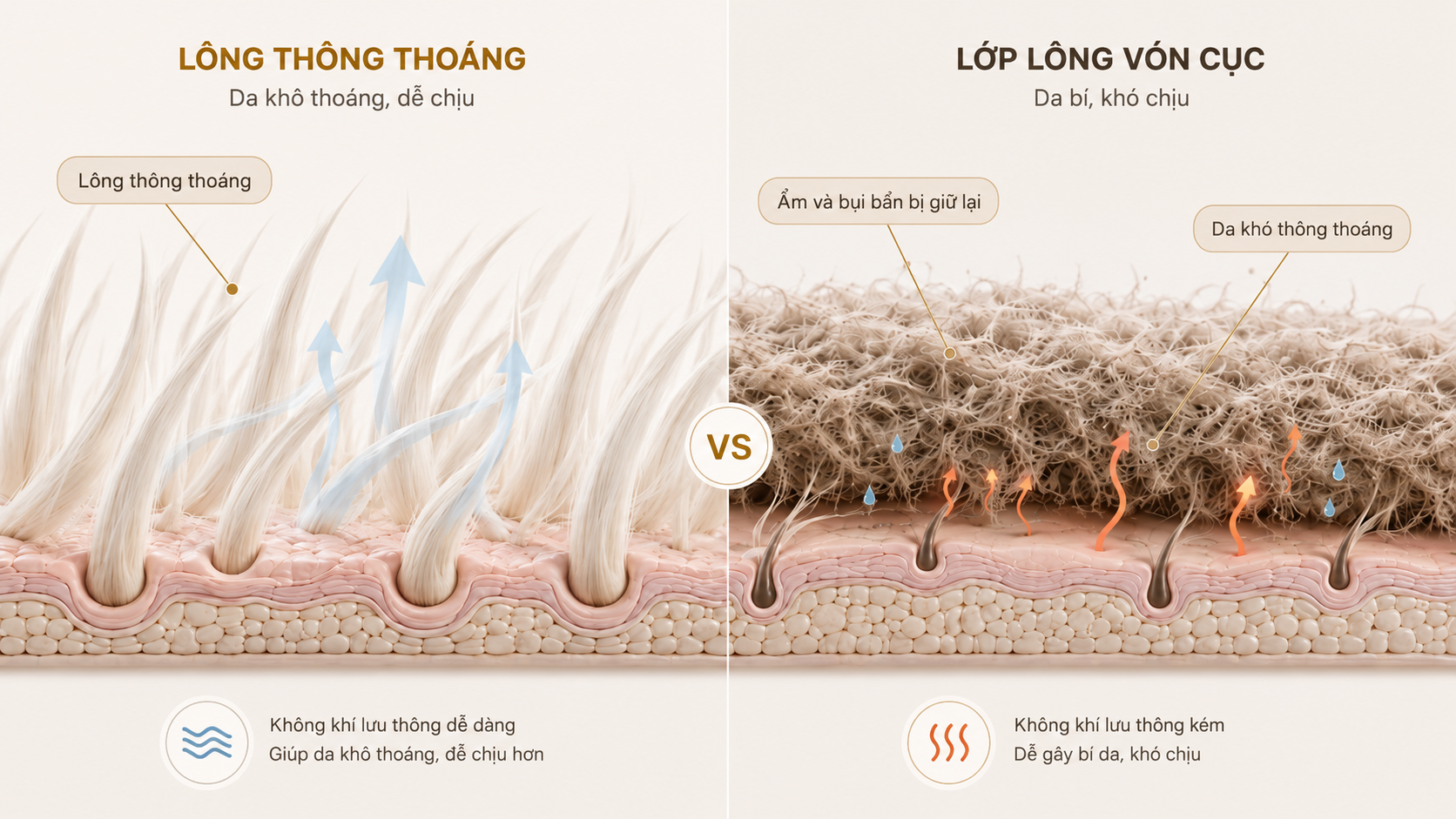 Mặt cắt mô phỏng lớp lông vón cục sát da chó.
