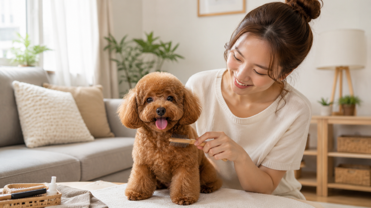 Chủ nuôi chải lông cho chó Poodle trong không gian sáng, sạch và bình tĩnh tại nhà